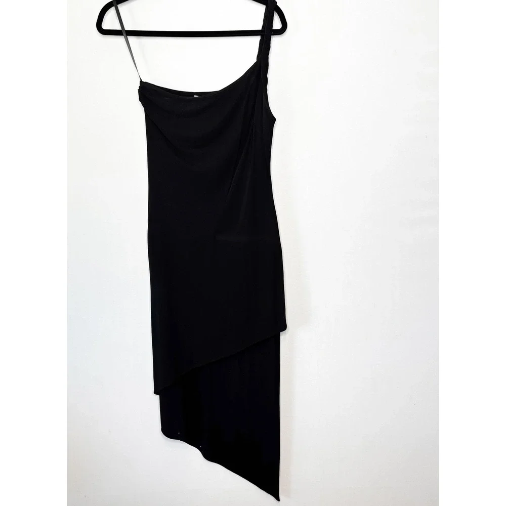 90s Cache Rolled One Shoulder Asymmetrical Hem Draped Midi Dress Black Size M - Picture 3 of 10